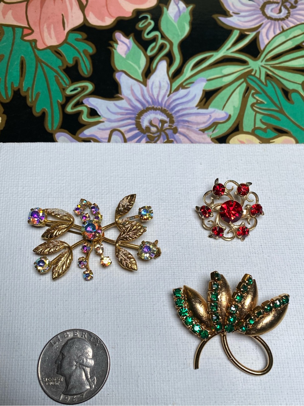 Vintage Gold-Tone Brooch Set with Red, Aurora and Emerald Rhinestones